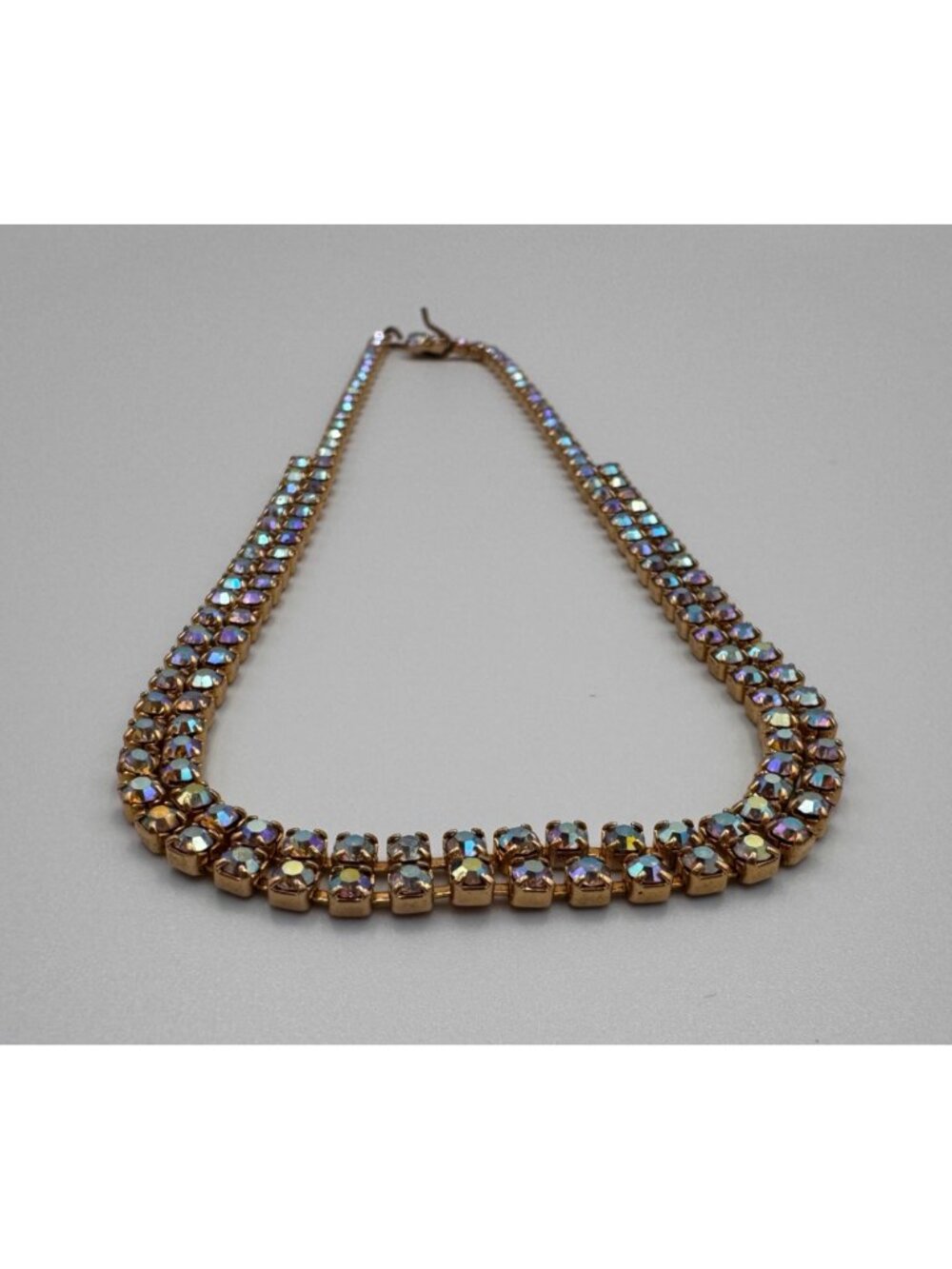Vintage AB Aurora Borealis Rhinestone Necklace Double Row 1950s 14” - Picture 6 of 10